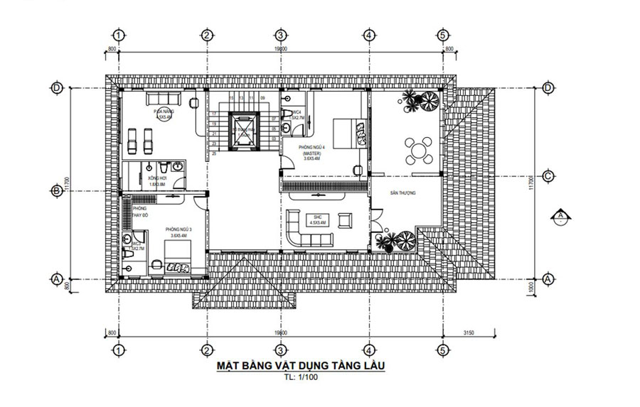 Mặt bằng lầu 1 biệt thự sân vườn 2 tầng mái thái