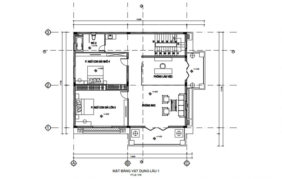 Mặt bằng lầu 1 mẫu biệt thự sân vườn 3 tầng tân cổ điển