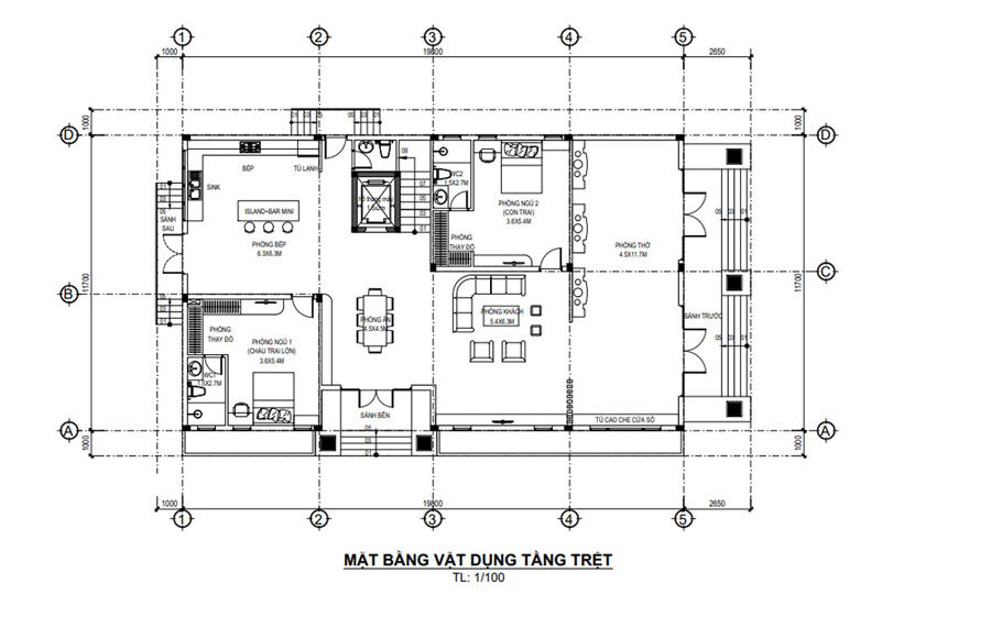Mặt bằng tầng trệt biệt thự sân vườn 2 tầng mái thái