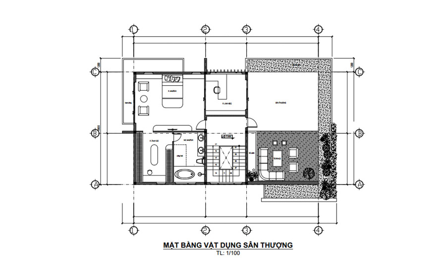 Mặt bằng tầng thượng biệt thự sân vườn mái bằng 3 tầng