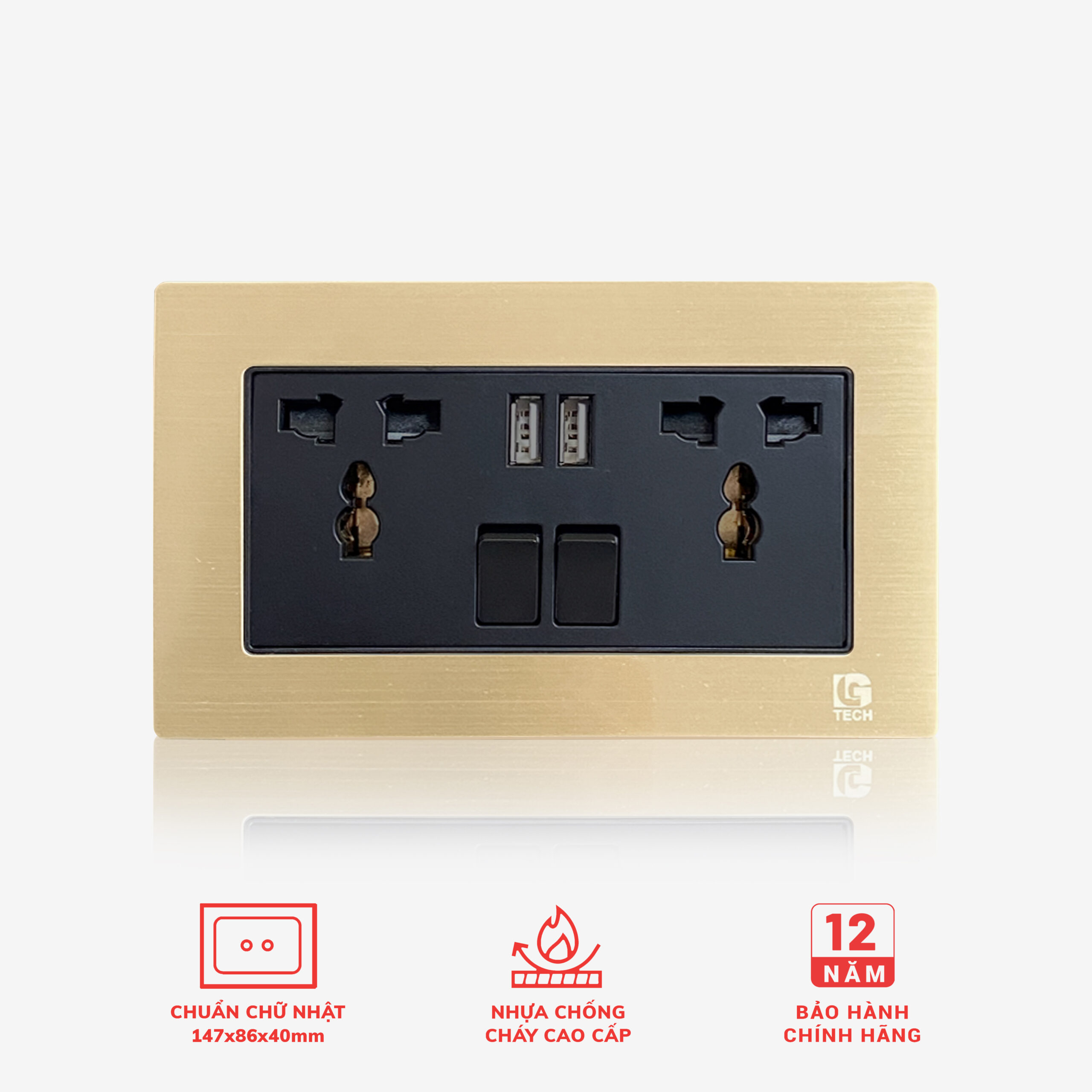 Ổ cắm điện có 2 cổng USB 5V và 2 ổ cắm, công tắc an toàn size EU, viền vàng nhân đen LG Tech mã LG-F71G-066