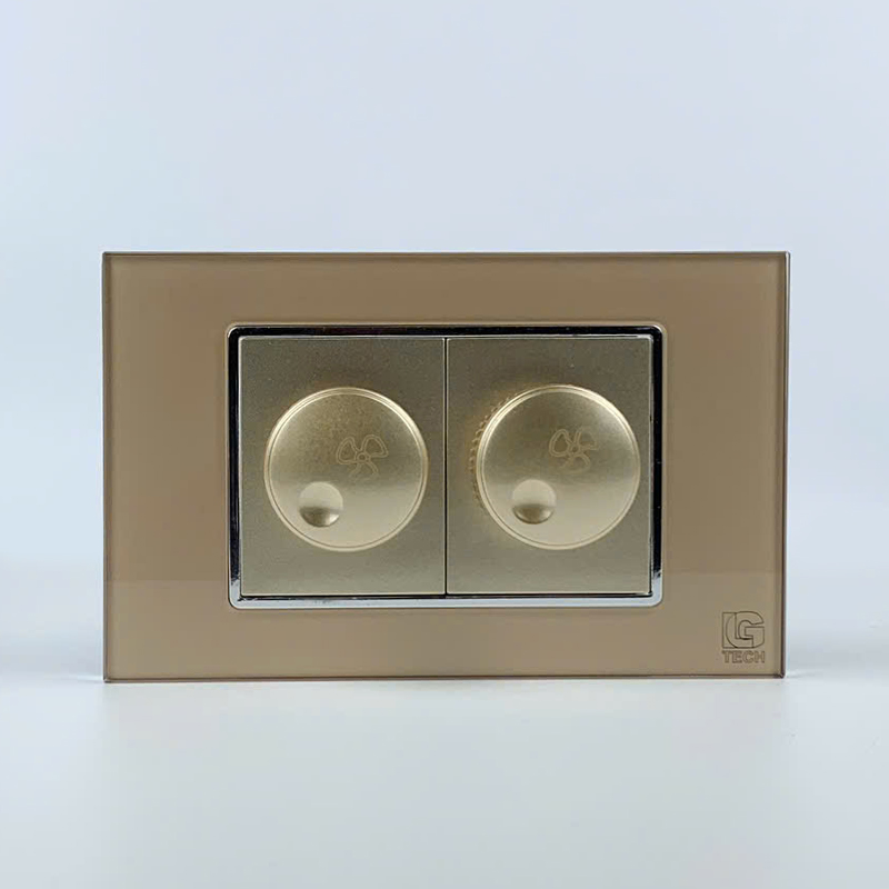 Mô đun công tắc quạt 2 hạt, size 36mm viền kính màu gold LG Tech