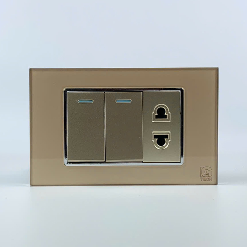 Mô đun 2 công tắc đơn 1 chiều và 1 ổ cắm 2 chấu, size 24mm viền kính màu gold LG Tech