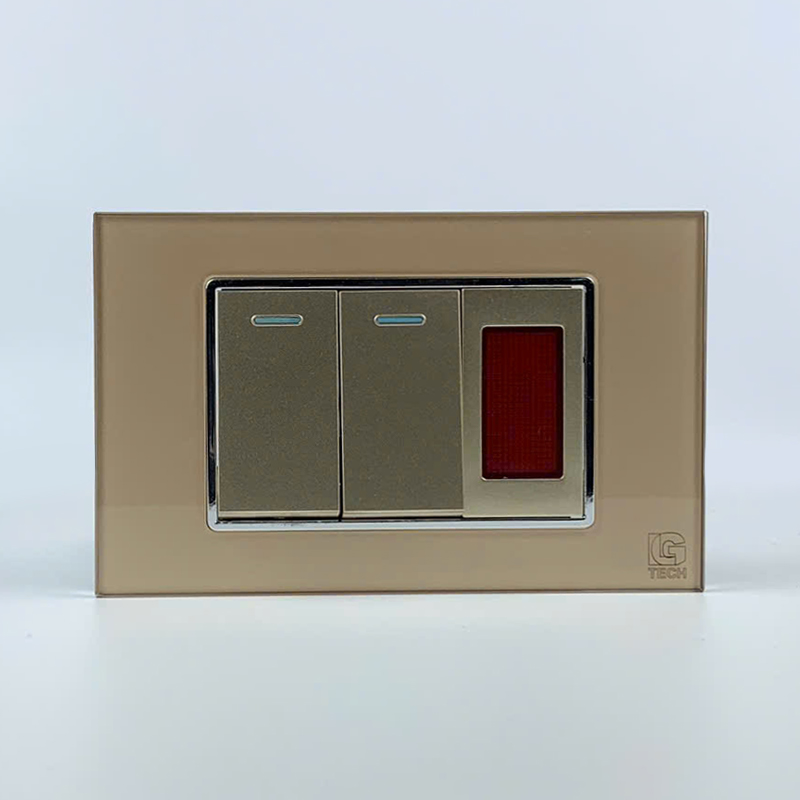 Mô đun 2 công tắc đơn 1 chiều và đèn báo, size 24mm viền kính màu gold LG Tech