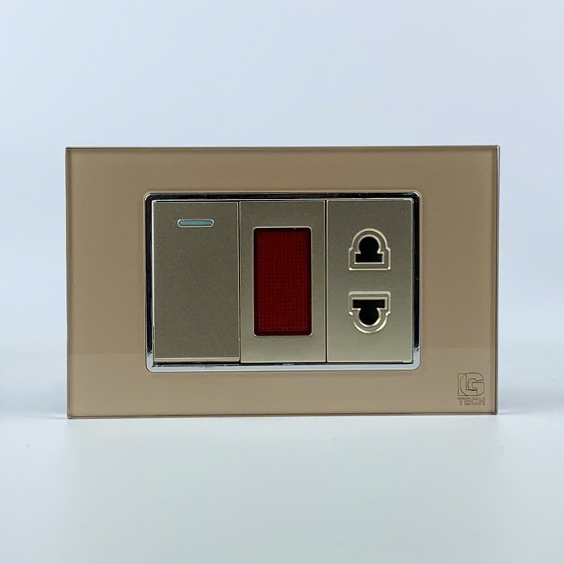 Mô đun công tắc đơn 1 chiều và ổ cắm 2 chấu có đèn báo, size 24mm viền kính màu gold LG Tech