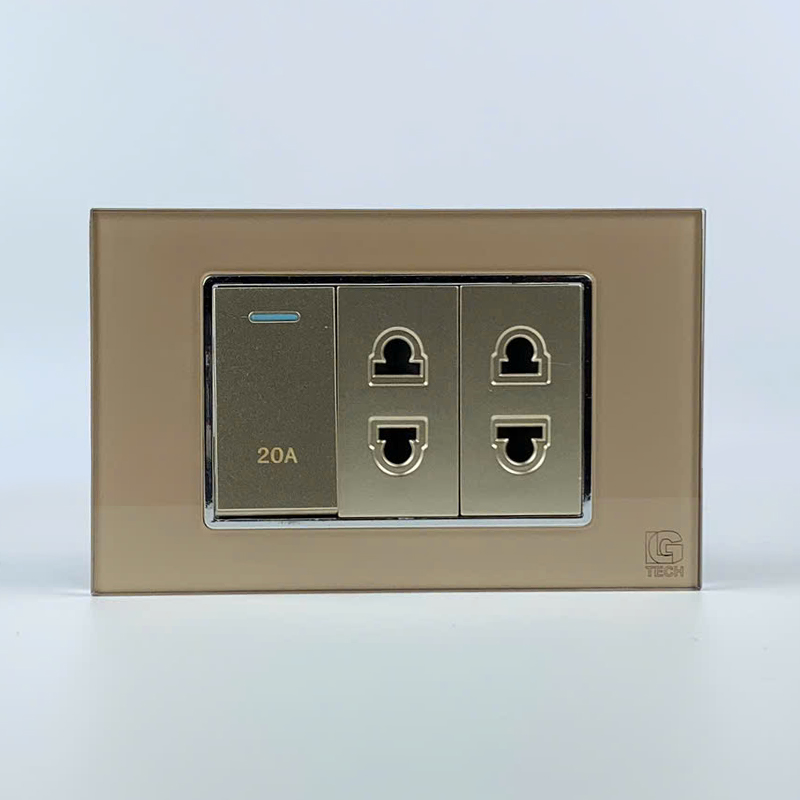 Mô đun công tắc 20A và 2 ổ cắm 2 chấu, size 24mm viền kính màu gold LG Tech