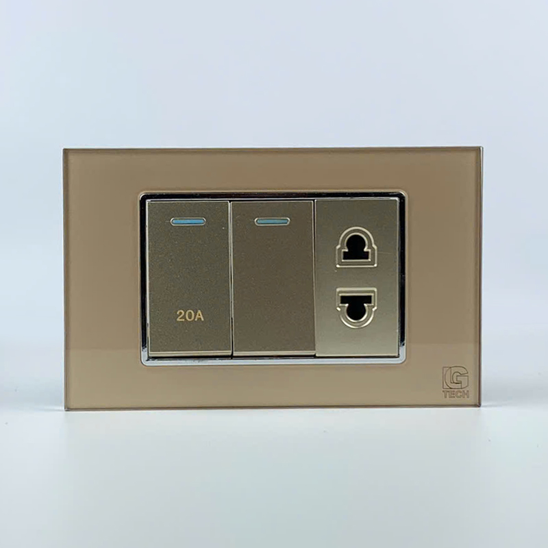 Mô đun 1 công tắc 20A, 1 công tắc đơn và 1 ổ cắm, size 24mm viền kính màu gold LG Tech