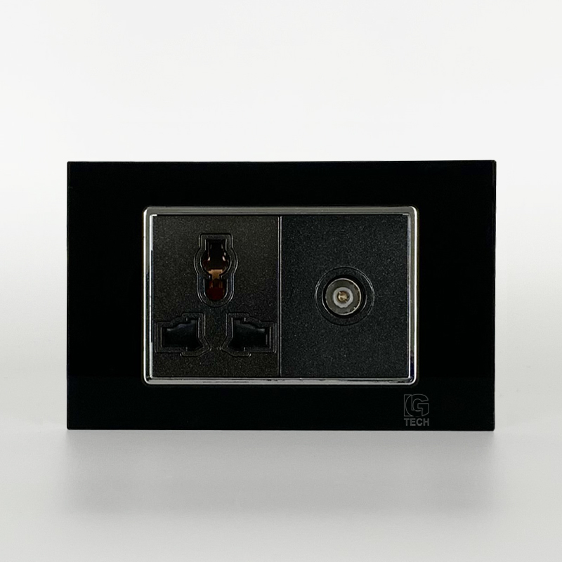 Mô đun ổ cắm 3 chấu và ổ cắm tivi, size 36mm viền kính màu đen LG Tech